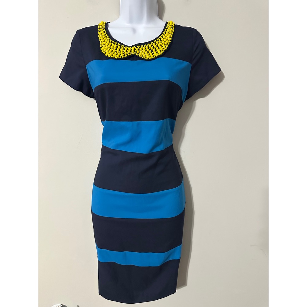 M60 Miss Sixty Striped Sheath Dress Yellow Beaded Peter Pan Collar Size 4